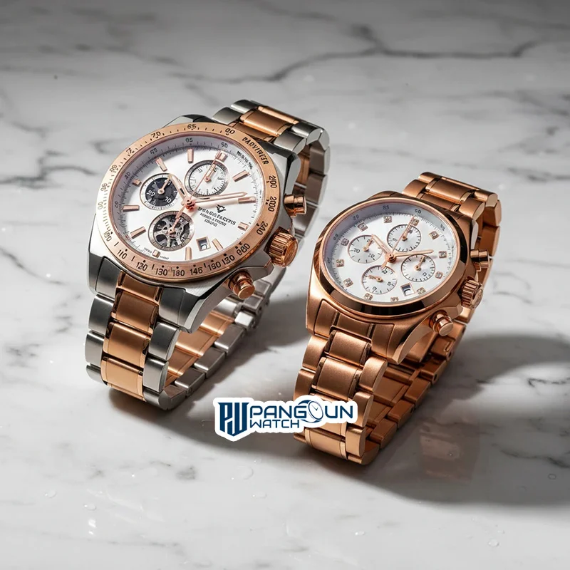 نمای نزدیک از ست ساعت عروس و داماد استیل طلایی (دو رنگ) سه موتوره و لوکس