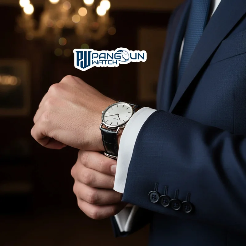 مرد شیک پوش با کت و شلوار سرمه ای و ساعت مچی کلاسیک بند چرمی