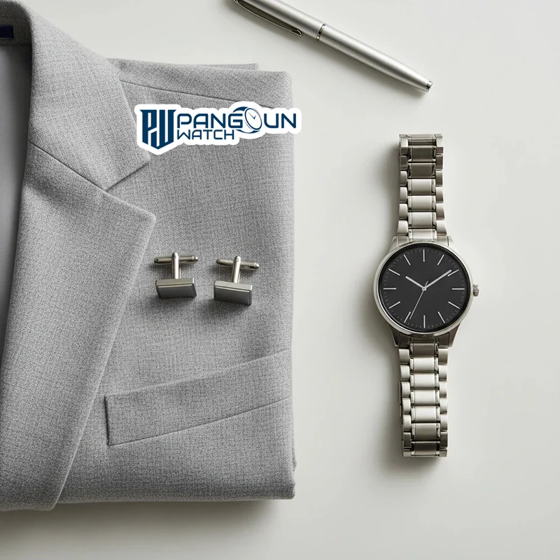 چیدمان اکسسوری مردانه شامل ساعت بند فلزی استیل، دکمه سردست و کت طوسی