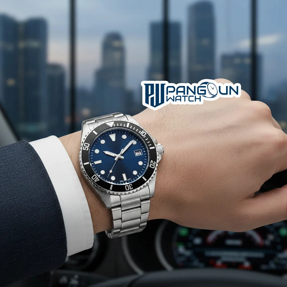 ساعت مچی مردانه استیل صفحه سرمهای روی دست با کت و شلوار