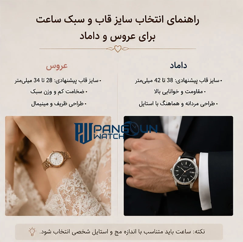 راهنمای انتخاب سایز قاب و سبک ساعت برای عروس و داماد