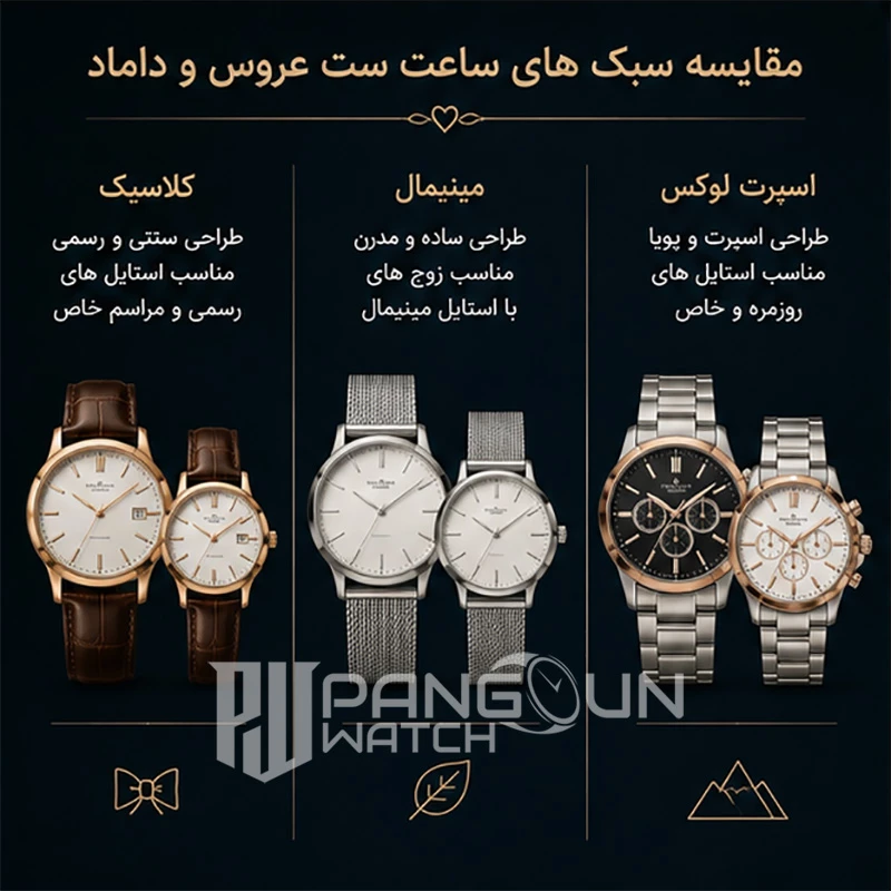 مقایسه ساعت ست کلاسیک مینیمال و اسپرت لوکس عروس و داماد