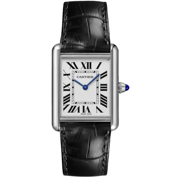 ساعت مچی زنانه مد تانک Cartier Santos Tank با صفحه و قاب سیلور و بند مشکی